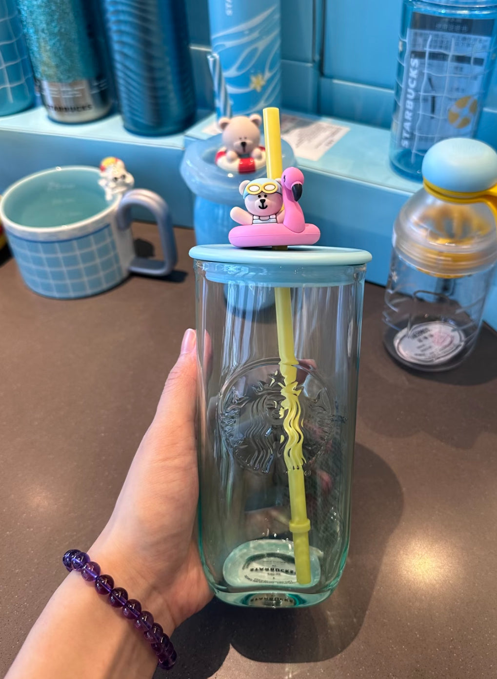 Starbucks Pool Bear Straw Glass Cup