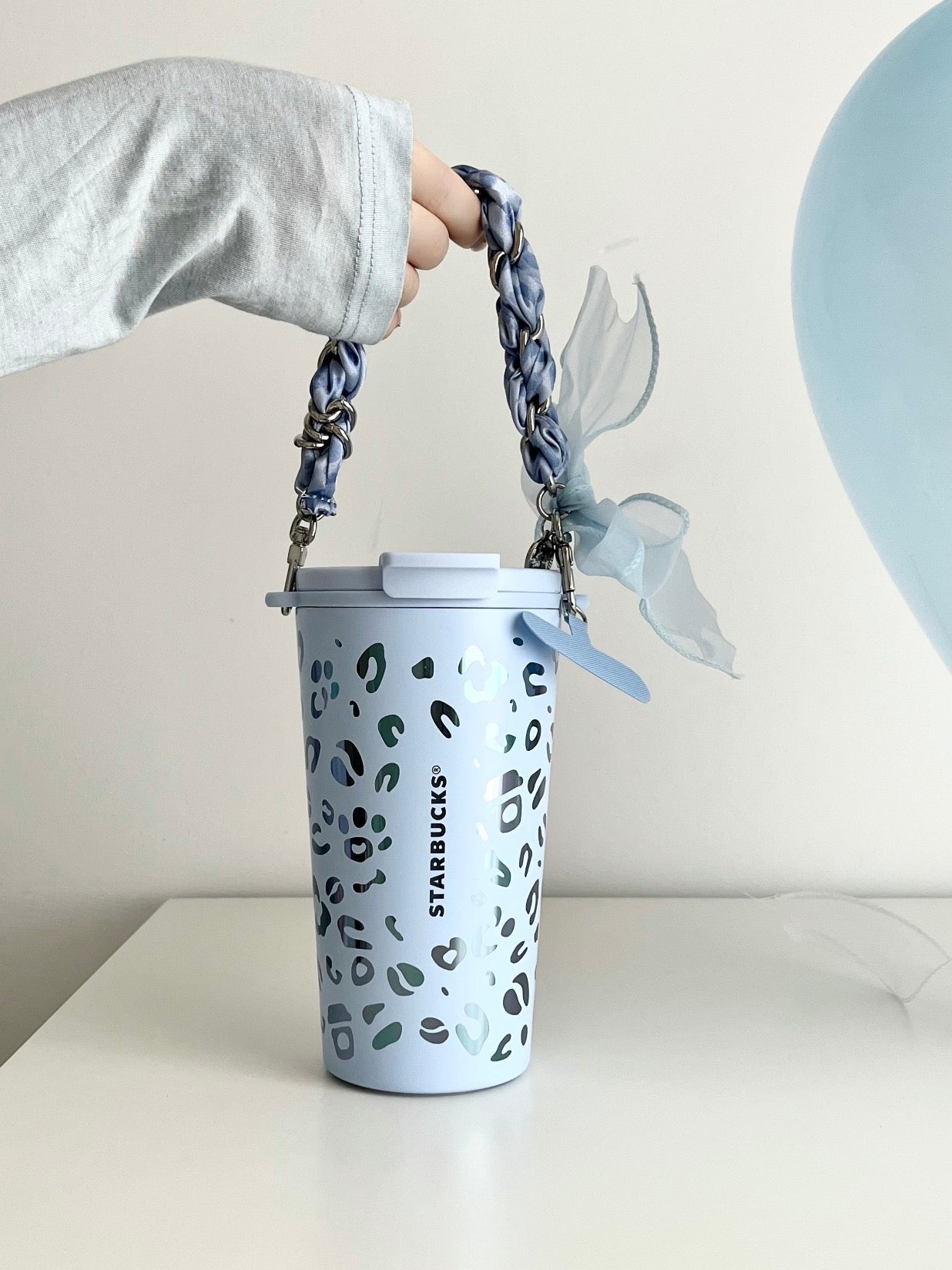 Starbucks Leopard Blue Tumblr with Phone Chain