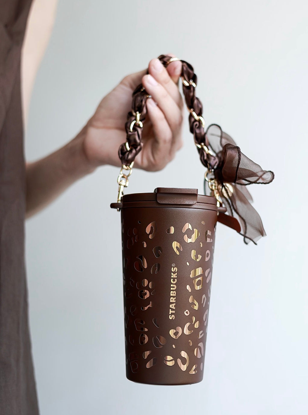 Starbucks Leopard Brown Tumblr with Phone Chain