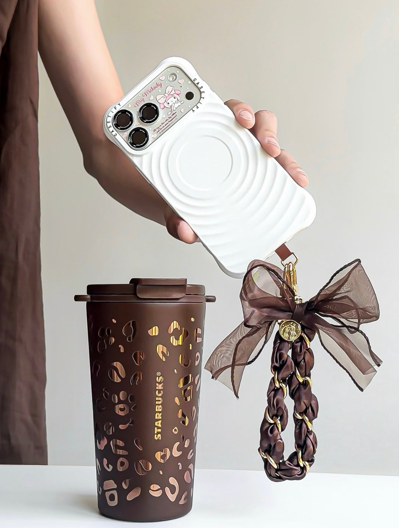 Starbucks Leopard Brown Tumblr with Phone Chain