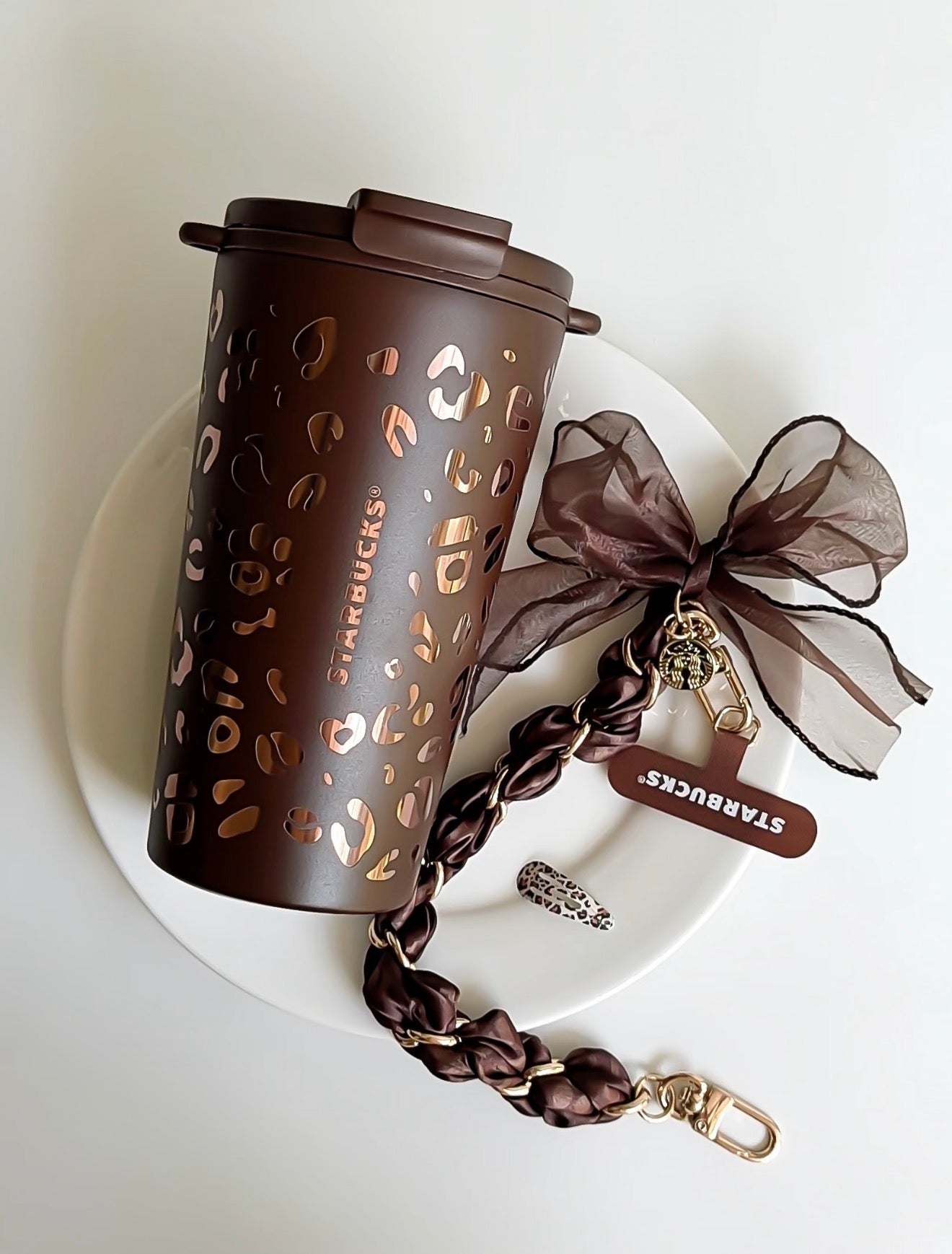 Starbucks Leopard Brown Tumblr with Phone Chain